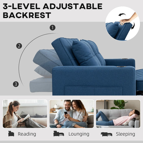 HOMCOM 2-Seater Sofa Bed with Cup Holders and Side Pockets for Overnight Guest, Dark Blue