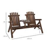 Outsunny Wood Patio Chair Bench 2 Seats Jack and Jill Seat w/ Center Coffee Table, Garden Bench, Carbonized