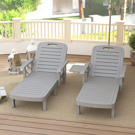 Outsunny Set of 2 Resin Reclining Sun Loungers for Garden, 5 Positions Adjustable Outdoor Chaise Lounge Chairs with Wood Texture Surface, Armrests, Foldable Side Table for Garden, Beach, Light Grey
