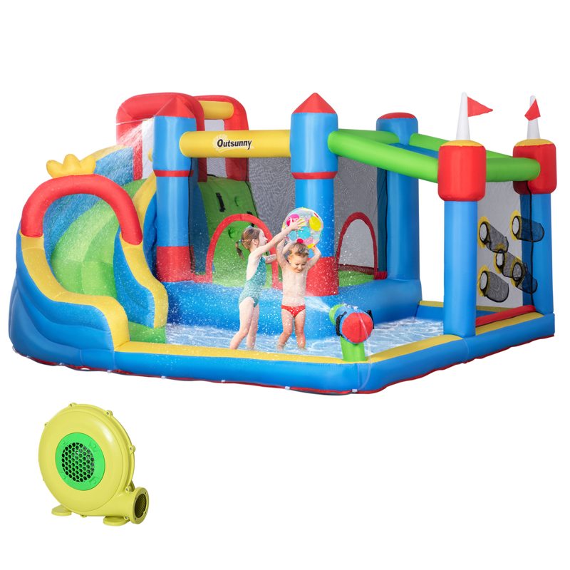 Outsunny Kids Inflatable Bouncy Castle Water Slide 6 in 1 Bounce House Jumping Castle Water Gun Climbing Wall with Air Blower for Age 3-8, 3.9 x 3 x 2m