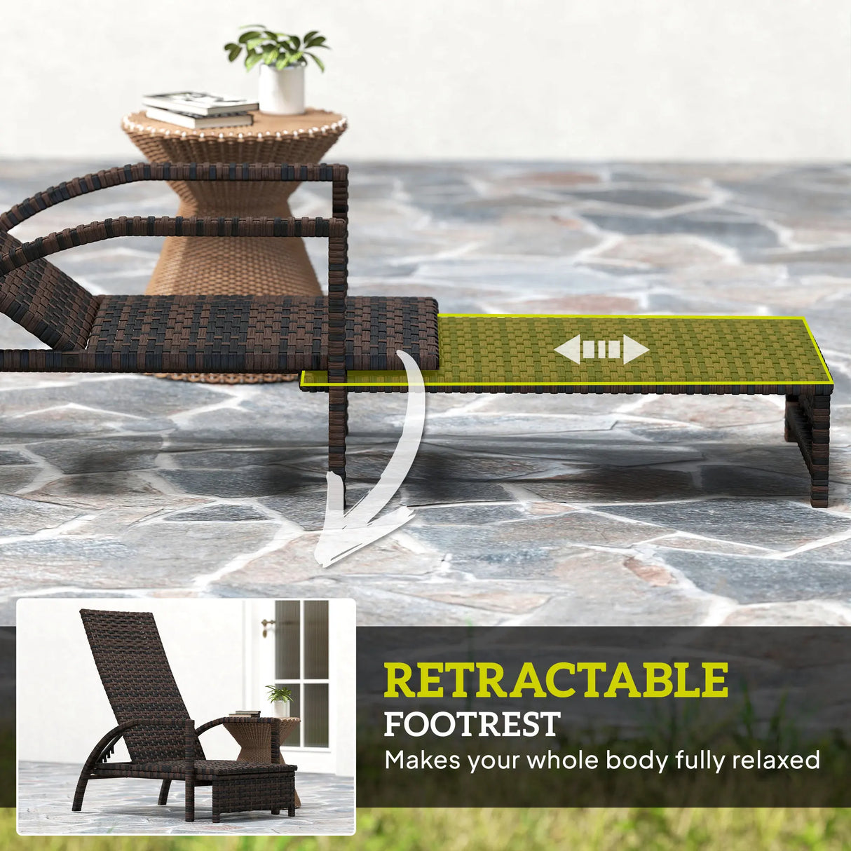 Outsunny Reclining Rattan Lounger, with Extending Footrest - Brown