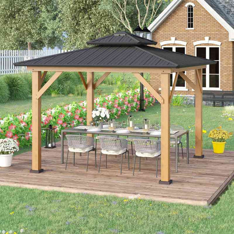 Outsunny 3.5 x 3.5m Outdoor Hardtop Gazebo Canopy with Two-tier Metal Roof and Solid Wood Frame Outdoor Patio Shelter for Patio, Garden, Grey