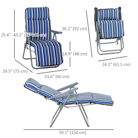 Outsunny Reclining Garden Chair Set of 2, 5-Level Adjustable Zero Gravity Chairs with Cushions, Folding Sun Lounger Garden Recliner Chairs with Armrests for Outdoor, Patio, Blue Stripe