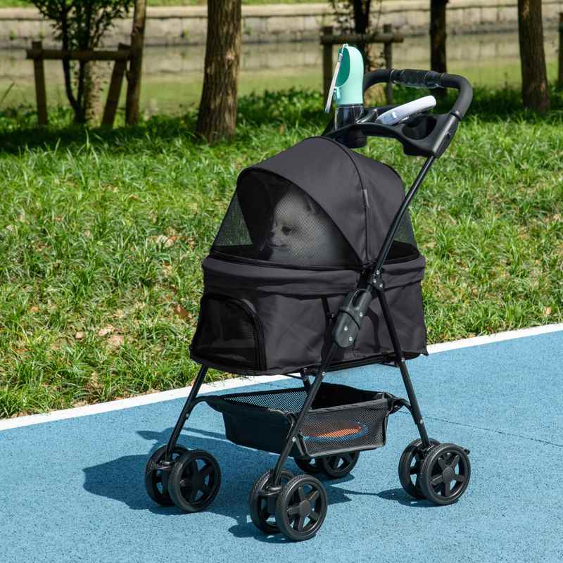 PawHut Dog Pram Dog Stroller Foldable Pet Pushchair with 4 Wheels, Safety Leashes, Cup Holder for Small Dogs, Black