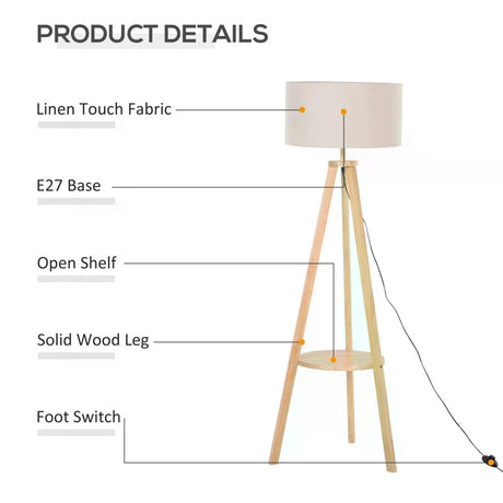 HOMCOM Free Standing Tripod Floor Lamp Bedside Light Reading Light with Storage Shelf Linen Shade for Living Room Bedroom, 154cm, Cream