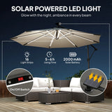Outsunny 3 m Garden Cantilever Parasol with LED Solar Light, Round Overhanging Umbrella with 360 Rotation, Cover, Grey