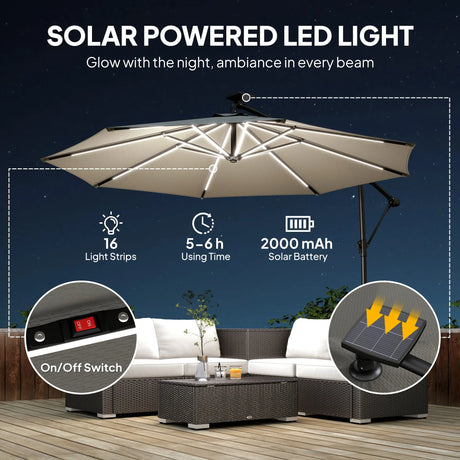 Outsunny 3 m Garden Cantilever Parasol with LED Solar Light, Round Overhanging Umbrella with 360 Rotation, Cover, Grey