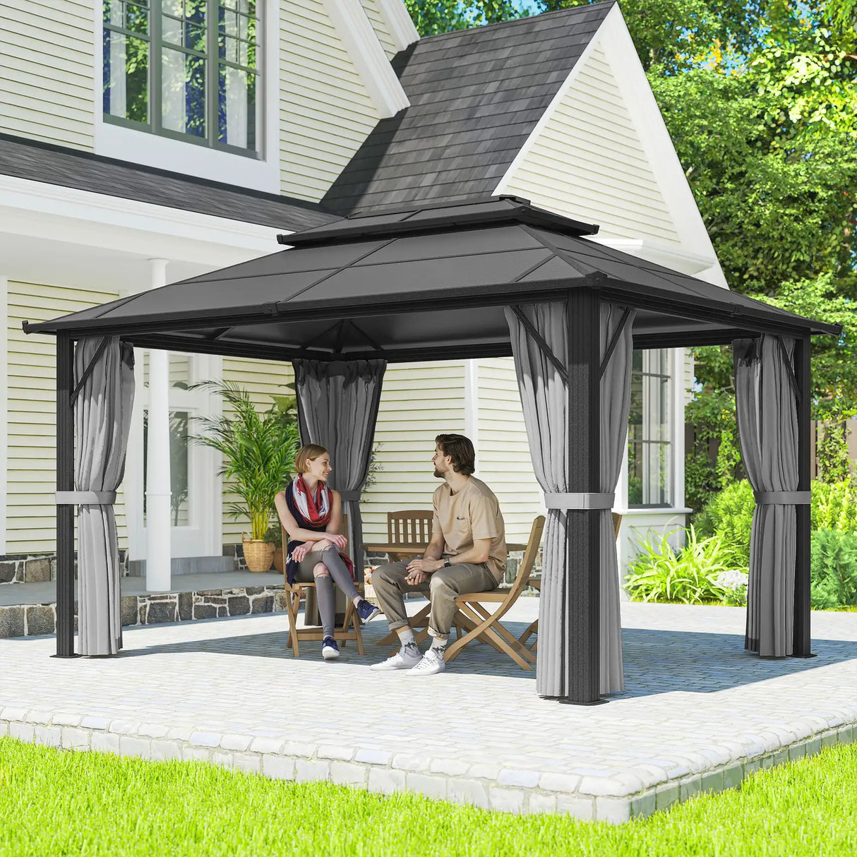 Outsunny 3 x 4m Hardtop Gazebo Canopy with UPF30+ Double Polycarbonate Roof, Aluminium Frame Garden Gazebo Permanent Pavilion with Mosquito Netting and Curtains for Patio, Deck, Grey