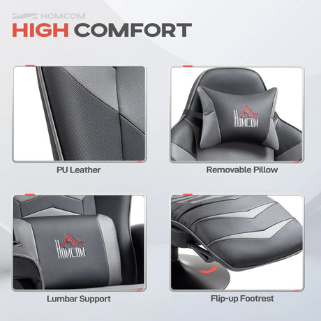HOMCOM Small Leather Massage Recliner Chair with Ergonomic High Back Retractable Footrest Headrest Work Break Grey