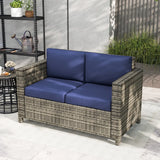 Outsunny Rattan Sofa, 2 Seater Garden Furniture with Soft Padded Cushion and Armrests, Wicker Garden Loveseat for Patio, Navy Blue