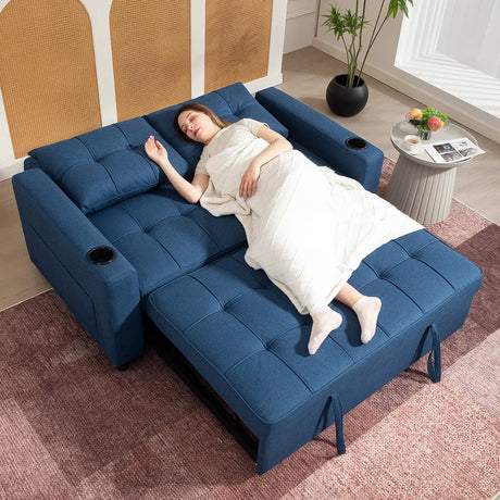 HOMCOM 2-Seater Sofa Bed with Cup Holders and Side Pockets for Overnight Guest, Dark Blue