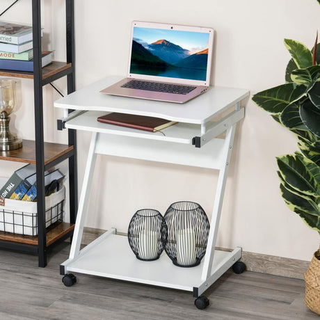 HOMCOM Movable Computer Desk with 4 Moving Wheels Sliding Keyboard Tray Home Office Workstation White