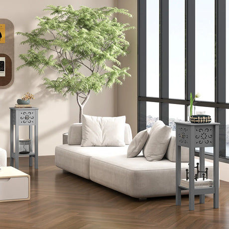 HOMCOM Set of Two Elegant Floral Cut-Out Side Tables - Grey