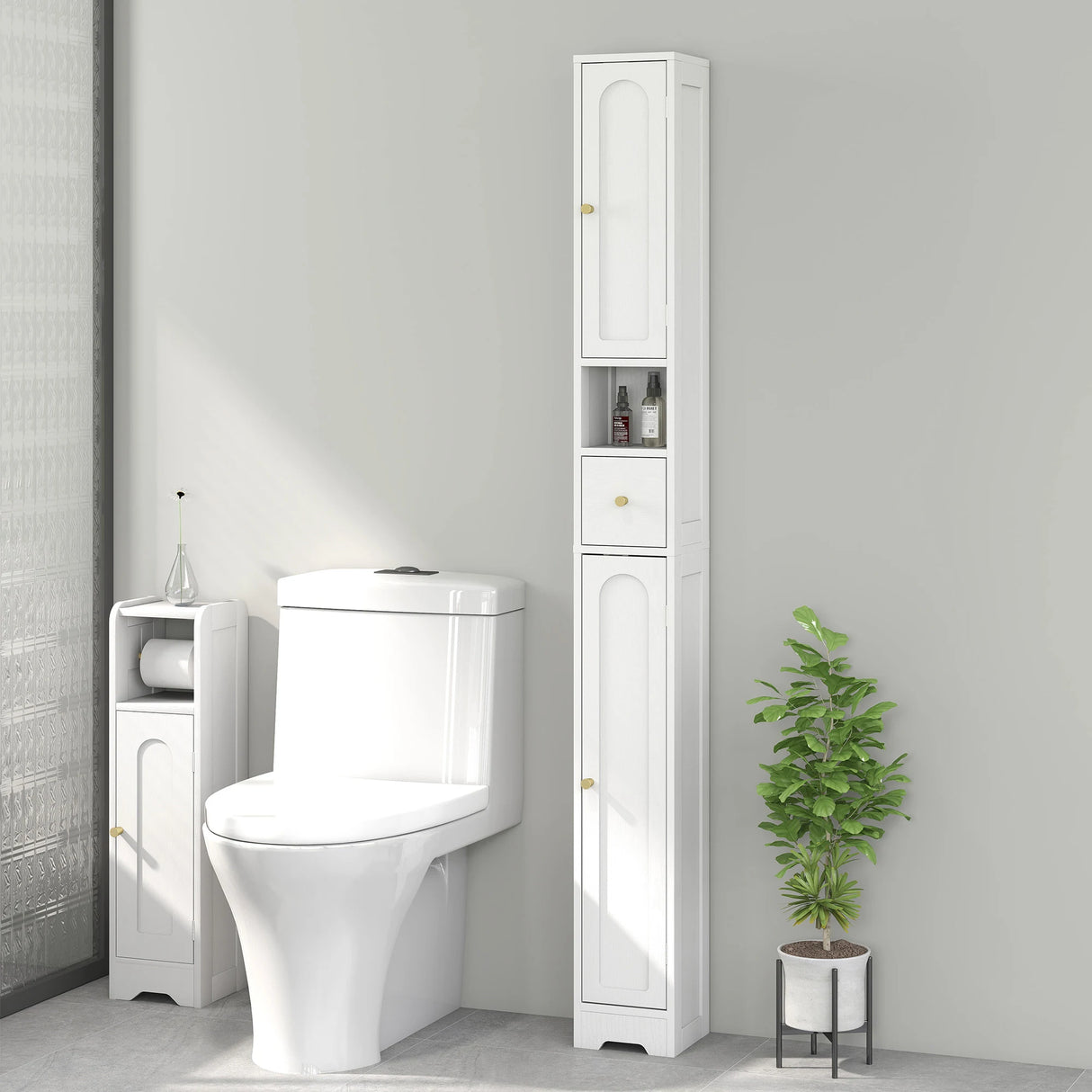 HOMCOM 185 cm Tall Bathroom Cabinet with Arched Doors - White