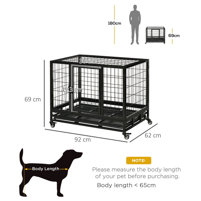 PawHut 38" Heavy Duty Metal Dog Crate Pet Cage with Tray Wheeled Dog Kennel - Black (Medium)