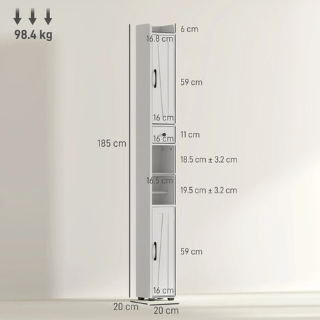 HOMCOM Tall Bathroom Cabinet, Farmhouse Slim Bathroom Storage Cabinet with Barn Doors, Toilet Paper Roll Holder, Drawer and Adjustable Shelves, Narrow Bathroom Storage Unit, 20 x 20 x 185cm, White