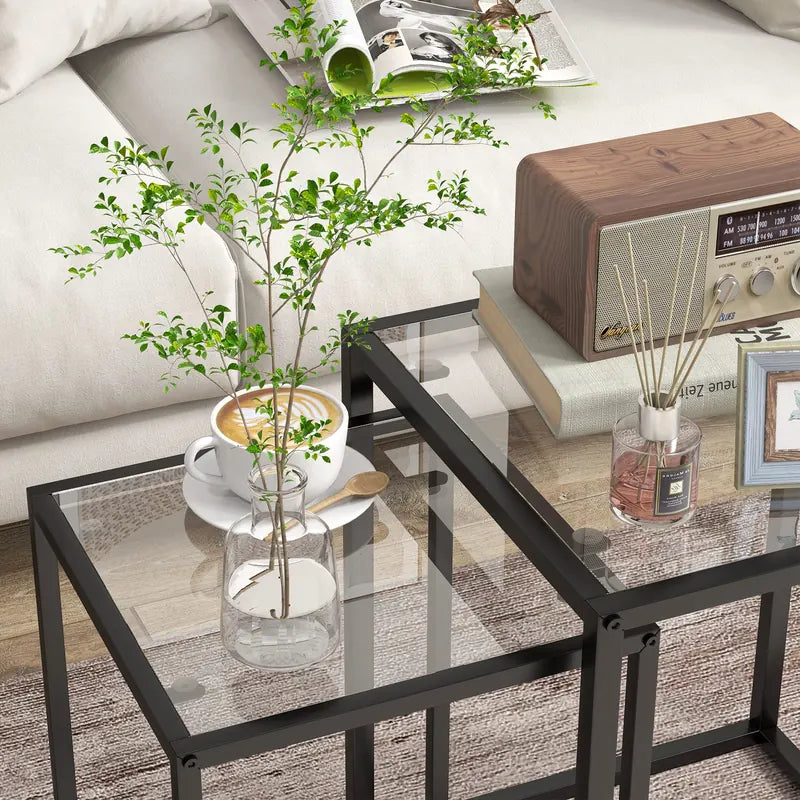 HOMCOM Nesting Tables Set of 2, Side End Table with Tempered Glass Top and Steel Frame for Living Room, Bedroom, Black