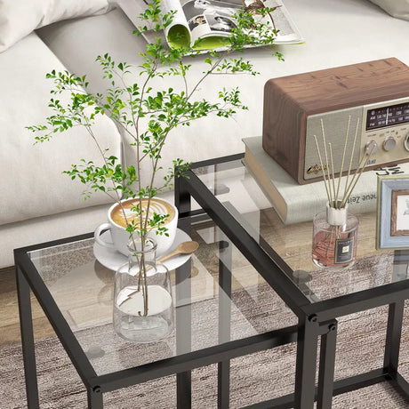 HOMCOM Nesting Tables Set of 2, Side End Table with Tempered Glass Top and Steel Frame for Living Room, Bedroom, Black