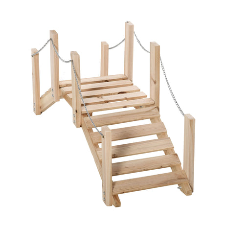 Outsunny Small Fir Wooden Garden Bridge, Arch Walkway with Metal Chain Railings for Landscape Creek Pond, Natural Wood
