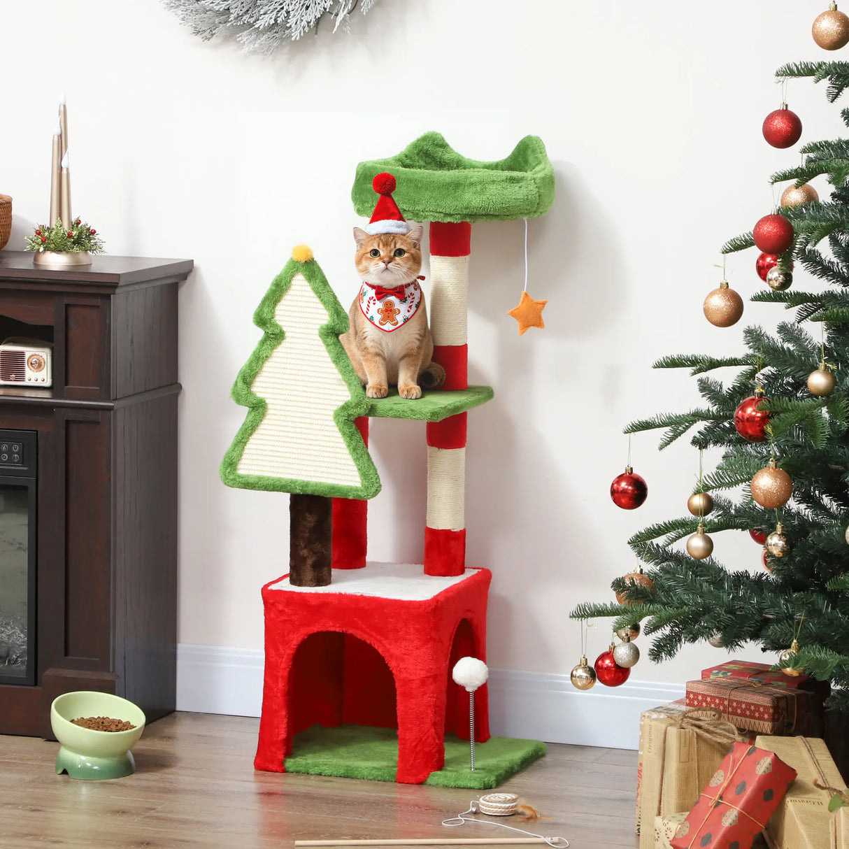 PawHut Christmas Cat Tree, 120cm Cat Tower with Scratching Post & Board, Platform, Toys, Green