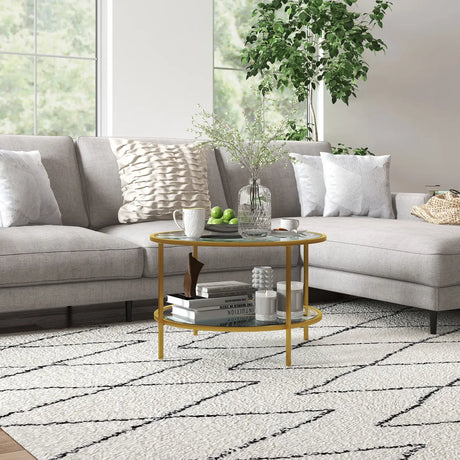 HOMCOM Round Coffee Table with Storage, 2-Tier Tempered Glass Coffee Table with Steel Frame for Living Room, Gold Tone
