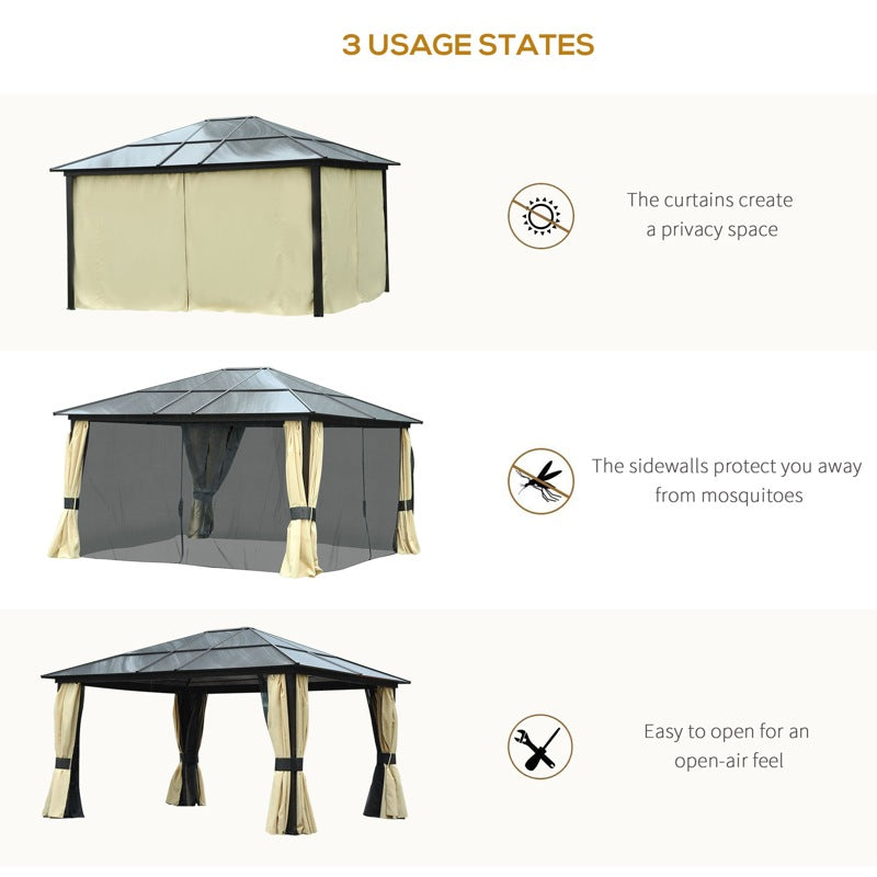 Outsunny 3.6 x 4m Hardtop Gazebo Canopy with Polycarbonate Roof and Aluminium Frame, Garden Pavilion with Mosquito Netting and Curtains