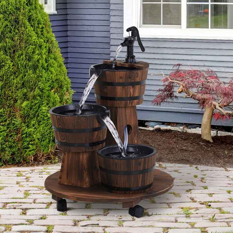 Outsunny Patio Wooden Water Fountain 3 Barrels Set with Wheels, Garden Decorative Ornament with Pump