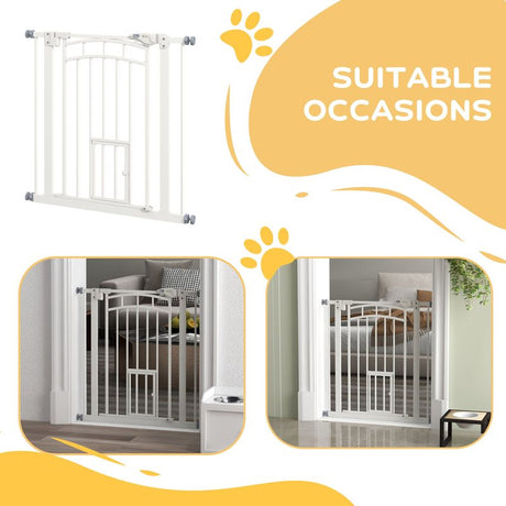 PawHut Pressure Fit Stair Gate, Dog Gate w/ Small Cat Door, Auto Closing System, Double Locking Openings, 74-80cm - White