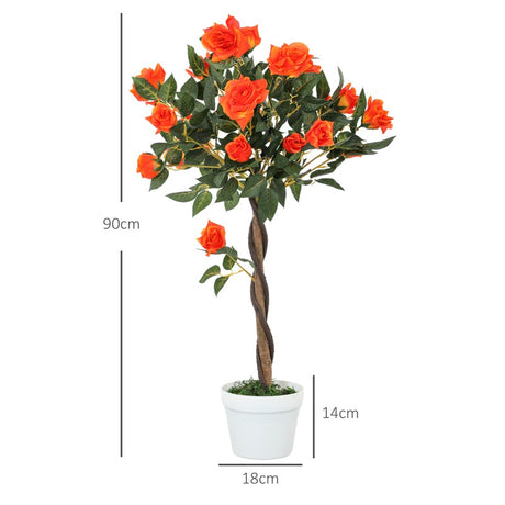 Outsunny Set of 2 Artificial Plants White Rose Floral in Pot, Fake Plants for Home Indoor Outdoor Decor, 90cm, Orange