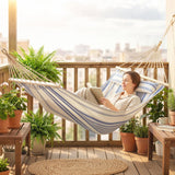 Outsunny Cotton Hammock, Soft Portable Swing Sleeping w/ Headrest & Side Pocket, Blue and White
