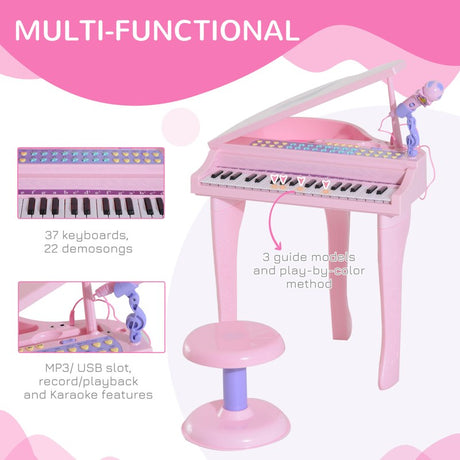 HOMCOM 37 Keys Kids Mini Electronic Keyboard Children Grand Piano with Stool Microphone Light Musical Instrument Educational Game Toy Set (Pink)