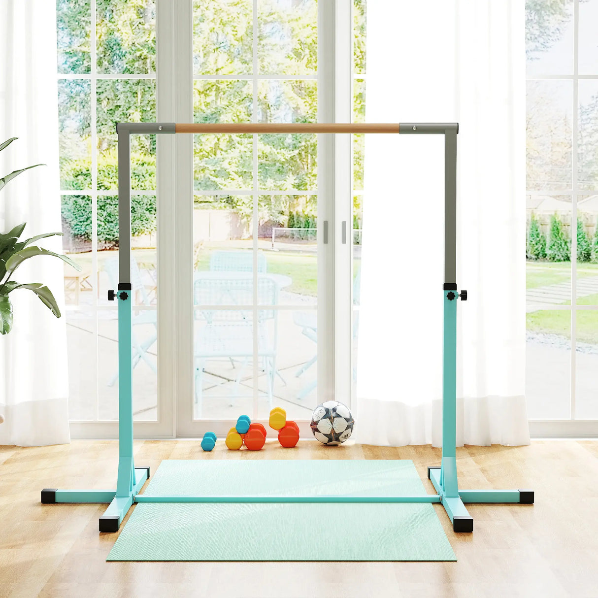 HOMCOM Height Adjustable Gymnastics Horizontal Bar for Kids, Children Junior Kip High Bar Fitness, Light Blue