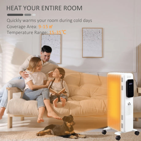 HOMCOM 1500W Oil Filled Radiator, 7 Fin Portable Electric Heater with LED Display, 24H Timer, 3 Heat Settings, Adjustable Thermostat, Safety Cut off, Remote Control, White
