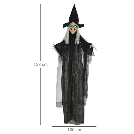 HOMCOM 6ft Outdoor Halloween Decoration Witch, Hanging Witch Prop Life Size with Sound and Motion Activated, Light Up Eyes, Talking Sound, Posable Arms