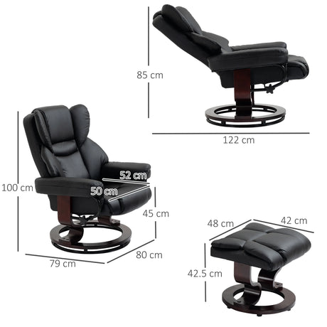 HOMCOM 360 Swivel Recliner Chair with Footstool, PU Leather Manual Recliner Armchair with Footstool, Solid Wood Base, Upholstered Reclining Chair for Living Room, Bedroom, Office, Black