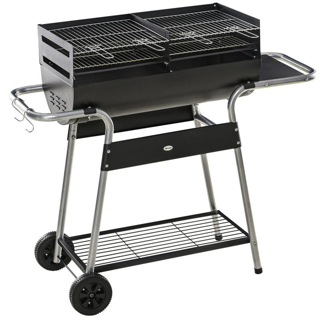 Outsunny Charcoal Barbecue Grill BBQ Trolley with Double Grill, Side Table, Storage Shelf, and Wheels for Outdoor Cooking, 130 x 51 x 111cm, Black