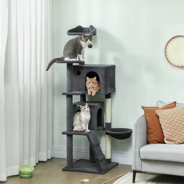 PawHut 160cm Large Cat Tree Tower with Sisal Scratching Posts, Condos, Plush Perches, Hammock, Ladder, Dark Grey