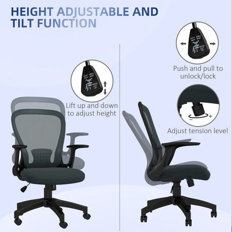 Vinsetto Ergonomic Office Chair, Mesh Desk Chair with Flip-up Armrest, Lumbar Back Support, Swivel Wheels, Grey