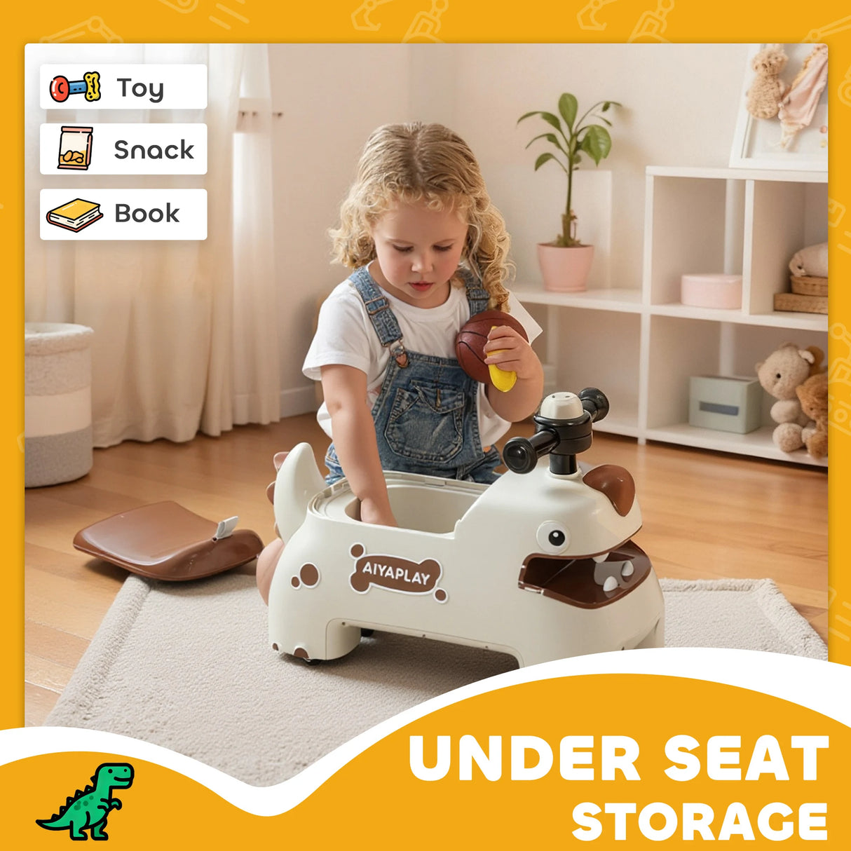 AIYAPLAY Kids Ride On Car, Dinosaur Foot to Floor Slider with Storage, Toddler Walker with Light, Sounds, Cream