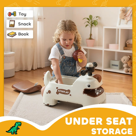 AIYAPLAY Kids Ride On Car, Dinosaur Foot to Floor Slider with Storage, Toddler Walker with Light, Sounds, Cream