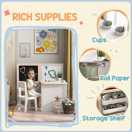 AIYAPLAY 3 in 1 Kids Table and Chair Set with Storage, Whiteboard, Blackboard & Roll Paper for 3-8 Years, White