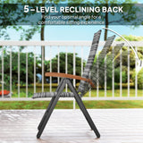 Outsunny 2 Pieces Folding Rattan Garden Dining Chairs with 5-level Reclining High Back, Wood Armrests for Outdoor - Light Grey