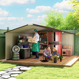 Outsunny 13 x 11ft Metal Garden Shed, Outdoor Storage Tool House with Ventilation Slots, Foundation Kit and Lockable Double Doors, Light Brown