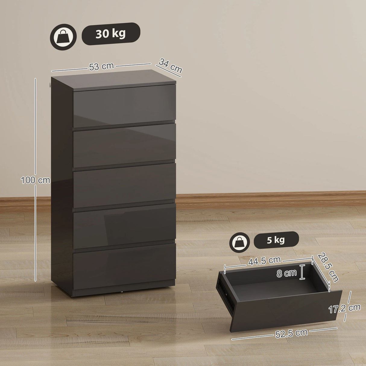 HOMCOM Chest of Drawers, 5-Drawer Storage Cabinets, Modern Dresser, Storage Drawer Unit for Bedroom