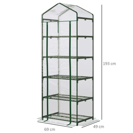 Outsunny 5 Tier Mini Greenhouse Outdoor Flower Stand Green House PVC Cover Portable Shed Metal Frame Transparent 69 x 49 x 193cm