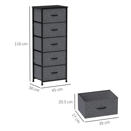 HOMCOM Fabric Chest of Drawers, Industrial Bedroom Dresser with 5 Fabric Drawers, Steel Frame and Wooden Top for Nursery, Living Room, Hallway, Dark Grey