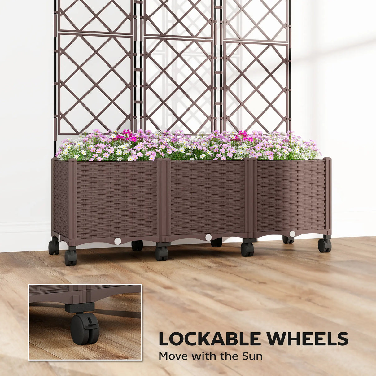 Outsunny Plastic Raised Planter with Trellis, Self Watering Raised Bed for Garden with Wheels, Drainage Holes and Plugs