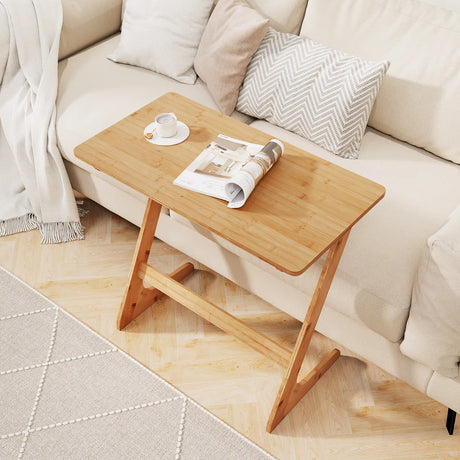 Bamboo Z-Shaped Spacious Sofa Side Table with Space-Saving Tabletop-Natural