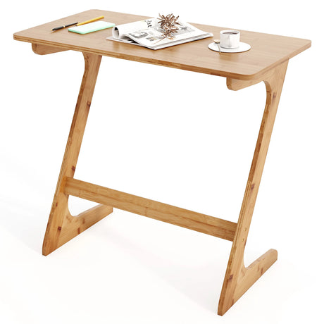 Bamboo Z-Shaped Spacious Sofa Side Table with Space-Saving Tabletop-Natural