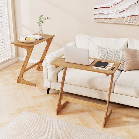 Bamboo Z-Shaped Spacious Sofa Side Table with Space-Saving Tabletop-Natural